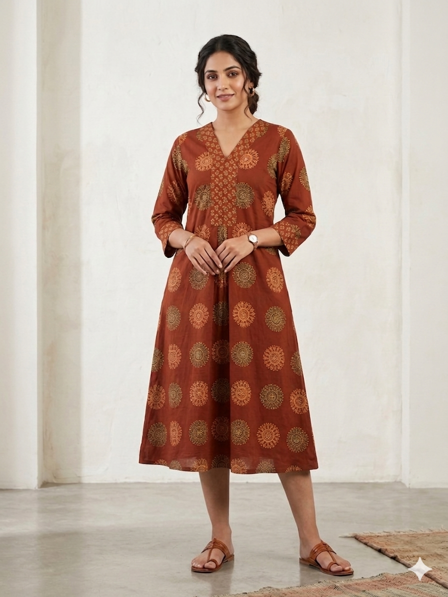Ajrakh A Line Cotton Frock